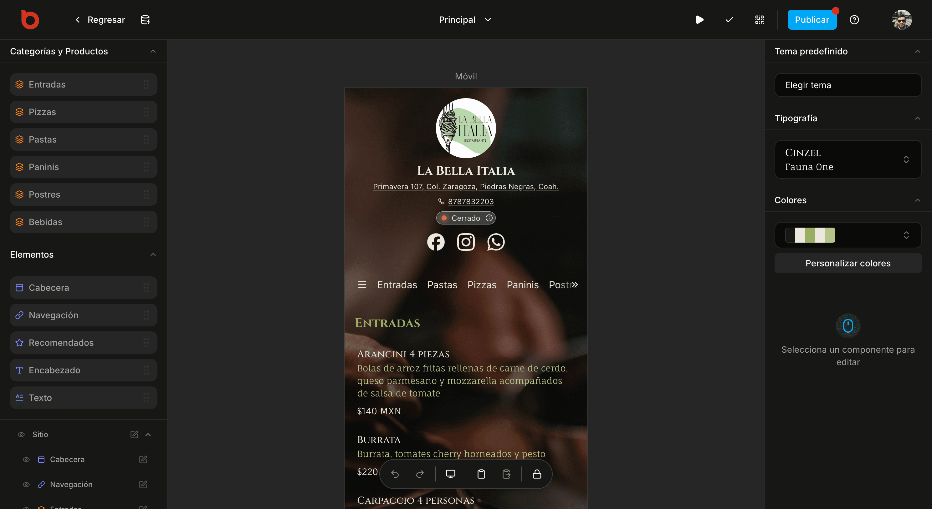 Imagen del editor de menús en web
