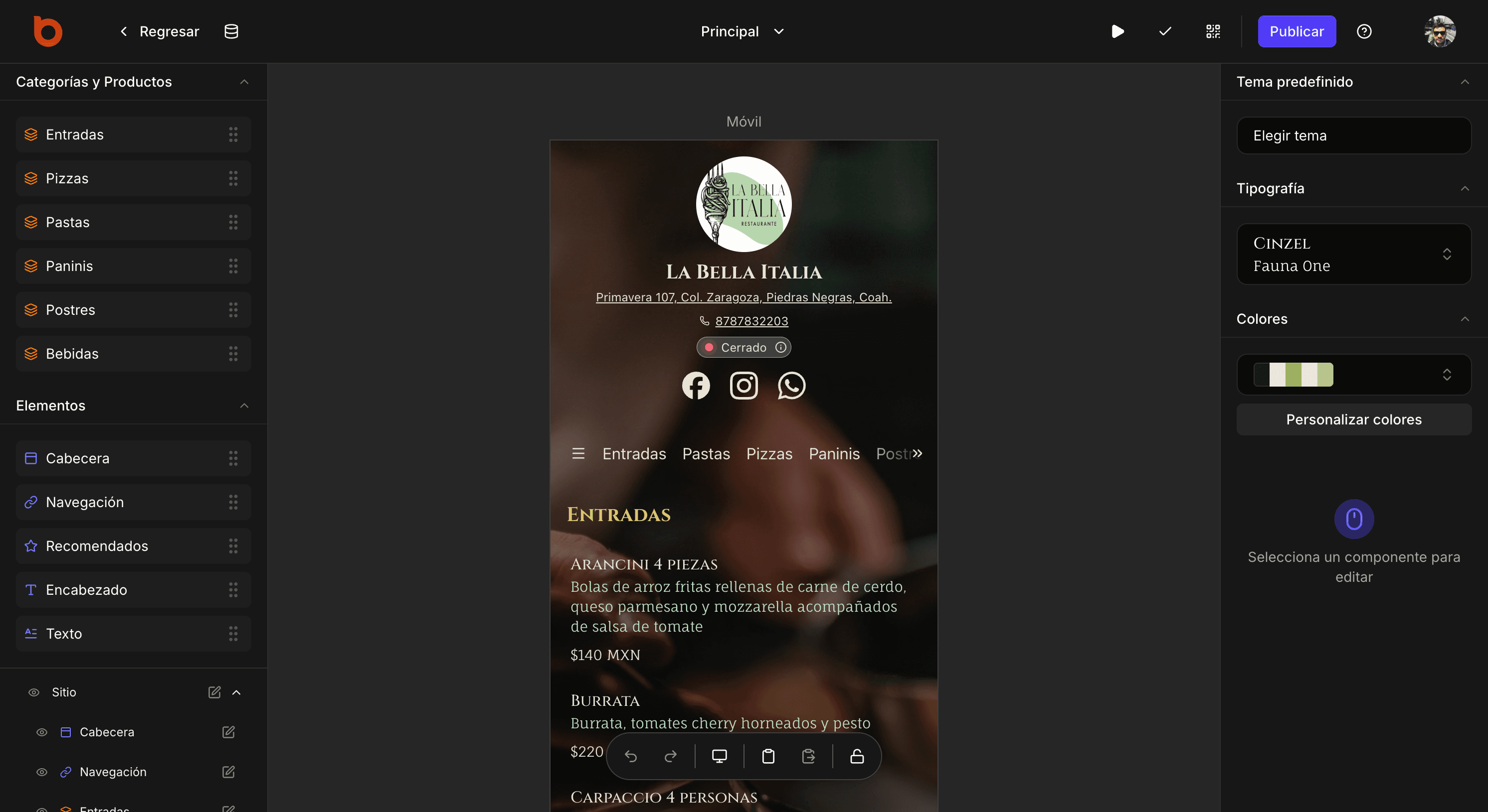 Imagen del editor de menús en web