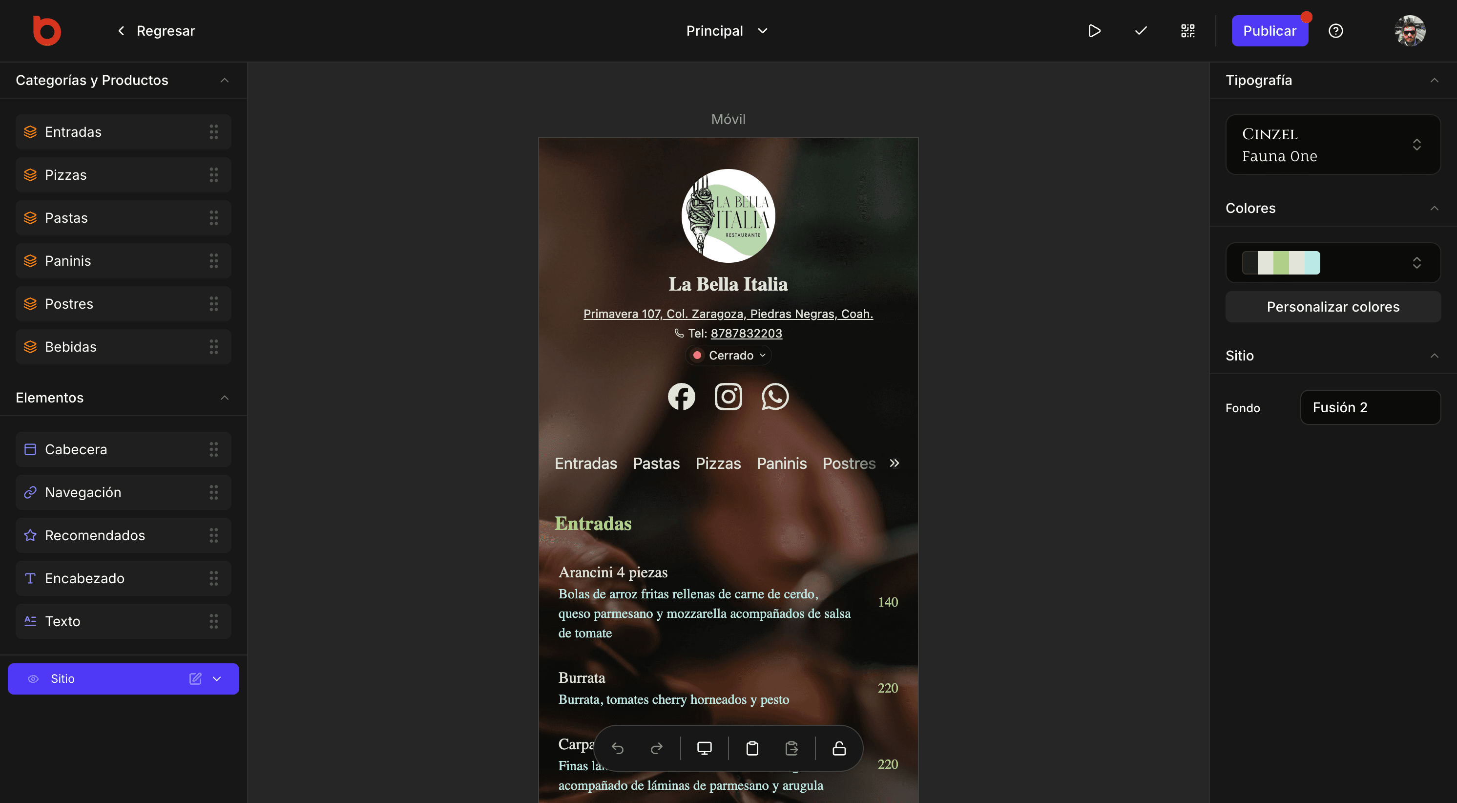 Imagen del editor de menús en web